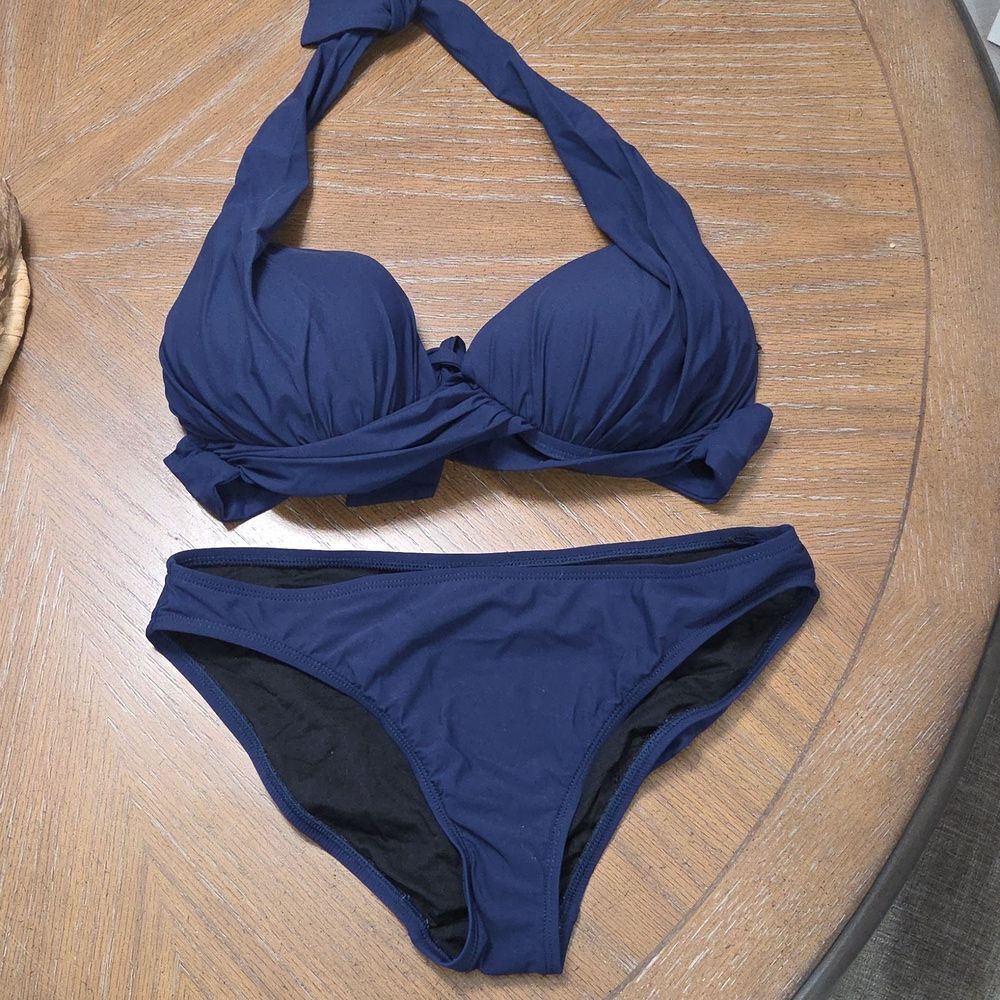 2 Bamboo Navy Reef Solid Halter M Triangle Bikini Swim Top & Bottoms
